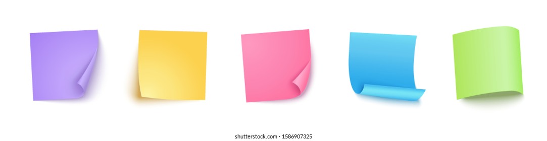 Colored sticker page with turn corner and different shadows. Post note paper collection with curled corners on white. Sheet of page template for text message and sketch. Vector paper illustration.