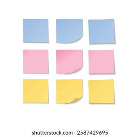 Colored stickers attached Collection of different color sheets of note papers with curled corner, ready for your message. isolated realistic vector memo illustration