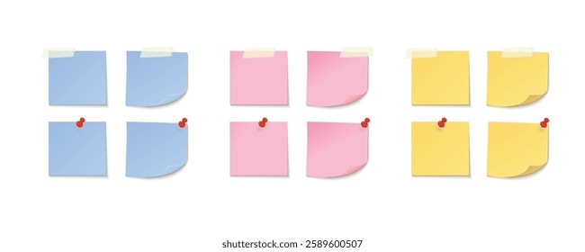 Colored stickers attached pin and paper tape. Collection of different color sheets of note papers with curled corner, ready for your message. isolated realistic vector memo illustration