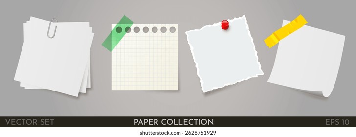 Colored stickers attached with tape. Collection of different sheets of note paper with folded corner, ready for your message. Big set. Vector illustration