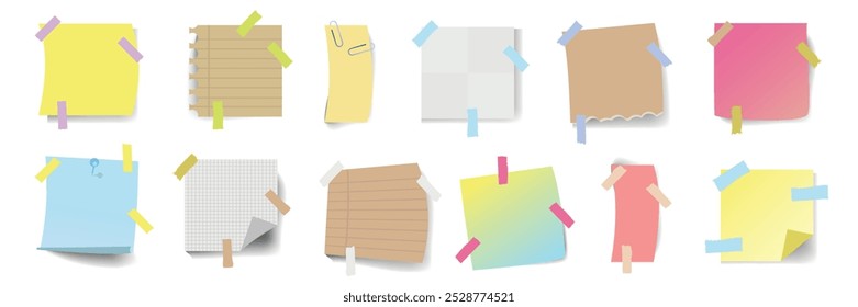 Colored stickers attached tape, red pushpin and metal paper vector business object illustration template design background