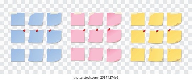 Colored stickers attached tape, red pushpin and metal paper clip. Collection of different color sheets of note papers with curled corner, ready for your message isolated vector illustration