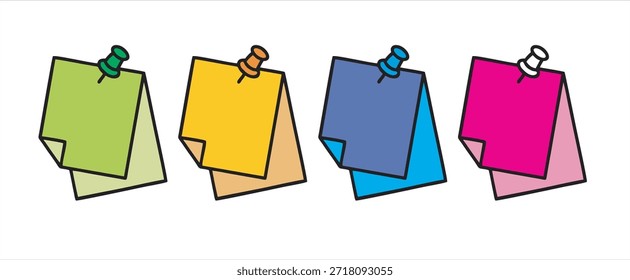 Adesivos coloridos anexados fita, pino vermelho e clipe de papel de metal. Coleção de folhas de cores diferentes de papéis de notas com canto ondulado, pronto para a sua mensagem. Ilustração vetorial realista. Conjunto grande, Coleção de folhas coloridas diferentes de papéis de notas com canto ondulado, pronto para a sua mensagem. Ilustração vetorial realista. Isolado no fundo branco. Vista frontal. Feche. Definir