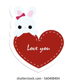 colored stickers Bunny with red heart I love you. badge, patch or label. vector illustration