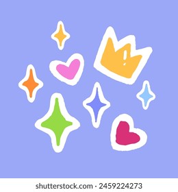 Pegatinas de colores con diferentes Formas. Paquete de iconos de dibujo: corona, corazón, chispas, estrellas. Señales dibujadas de diadema, destellos. Elementos de diseño coloridos para la decoración. Ilustración vectorial plana aislada