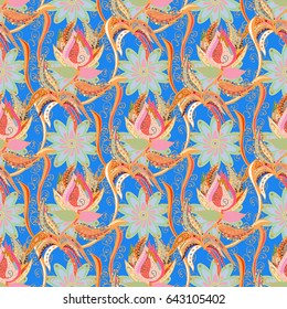 Colored stickers, flash temporary tattoo, mehndi and yoga design, boho, magic symbol. Colored over blue. Vintage vector pattern. Invitation, wedding card, scrapbooking. Decorative ornate round mandala