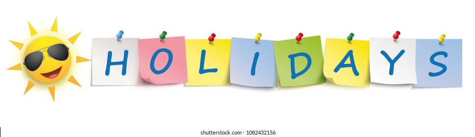 Colored stickers with funny sun and text Holidays. Eps 10 vector file.