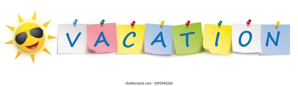 Colored stickers with funny sun and text Vacation. Eps 10 vector file.