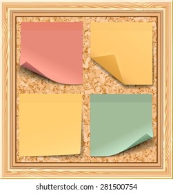 Colored stickers on the cork notice board. Vector illustration