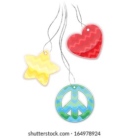 Colored stickers in the shape of heart,  pacifist, star hanging on  cord.