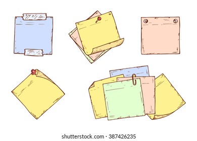 Colored stickers. Sticky notes Vector set. Hand drawn doodle paper sheets for messages. Collection of memos blank