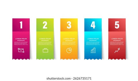 Colored stickers vector infographic design template. Five steps or options with icons and space for your data