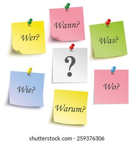 Colored sticks with german text "Wie, Warum, Wer, Wann, Was, Wo", translate "How, Why, Who, When, What, Where". . Eps 10 vector file.