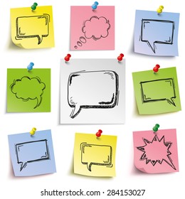 Colored sticks with speech bubbles and pins on the white background. Eps 10 vector file.