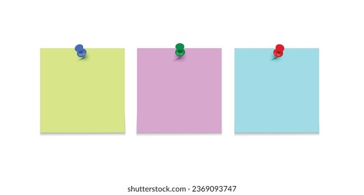 colored sticky note paper with a push pin. Blank paper sheets for notes. Front view. Realistic paper stickers