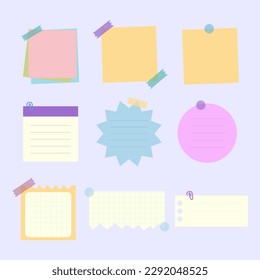 Colored sticky note set. Notepads with paperclip, sticky tape, set of sticky note and torn paper sheets