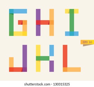 Colored sticky notes alphabet with rainbow colors. G, H, I, J, K, L letters.