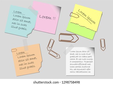 Colored sticky notes with paper clips and tape, vector illustration.