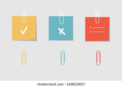 Colored sticky notes with paper clips. Written messages, reminder, informations. Check mark, X mark on card. Isolated illustration.