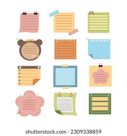 Colored sticky notes paper illustration. Blank paper sheets for note. Cute notes paper stickers for your message. Blank notes with elements of planning for business office writing reminds.