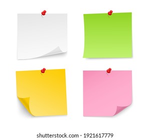 Colored sticky notes paper with push pin. Blank paper sheets for note. Front view. Realistic paper stickers for your message. Vector illustration.