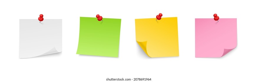Colored sticky notes paper with push pin. Blank paper sheets for note. Front view. Realistic paper stickers for your message. Vector illustration.