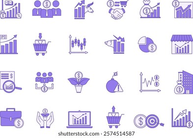 Colored Stock Market Icon Set. Vector Icons Buy, Sell, Stock Exchange, Bull Market, Bear Market, Investor, Dividends, Profit, Candlestick Chart, Campaign, Capitalization, and More