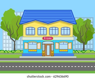 Colored store building near the road with trees and city silhouette. Vector illustration in flat style with outlined stroke