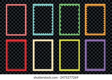 Colored  stories frames set. Zigzag wavy edges, retro squiggle frames, psychedelic rectangles, photo frames, text boxes, tags, labels. Vector groovy shapes set. Wave and curvy borders