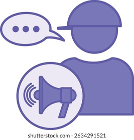 Ícones coloridos de contar histórias. Ilustração de vetor. Homem no chapéu contando história e Megaphone. Técnica de marketing. Conceito de Influenciador