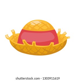 Colored straw hat with a red ribbon. Vector illustration for design.