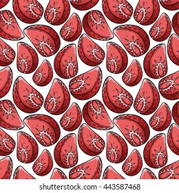 Colored strawberry slice with outline in seamless pattern