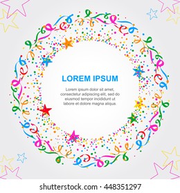 Colored streamers forming a circle with colorful confetti and stars flying around a space for text