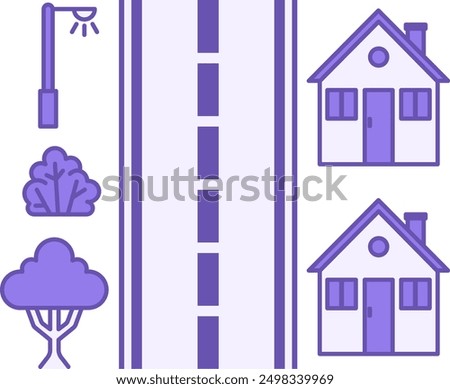 Colored Street Icon. Vector Icon. Houses Along Highway, Trees, and Street Light. Road Concept