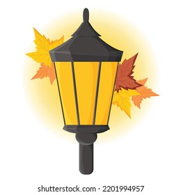 Luz de calle de colores. Linterna. Iluminación. Con hojas de arce amarillas, naranjas y marrones. Caer. Otoño. Objeto aislado sobre un fondo blanco. Ilustración vectorial. 