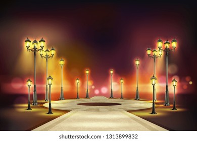 Colored street lights realistic composition quiet night street with yellow retro lights vector illustration