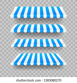 Colored striped awnings set for shop, restaurants and market store on transparent background. Vector stock illustration.