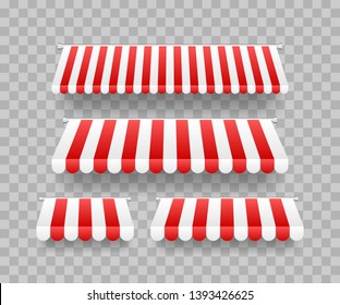 Colored striped awnings set for shop, restaurants and market store on transparent background. Vector illustration.