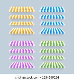 Colored striped awnings set for shop, restaurants and market store on transparent background. Vector stock illustration.