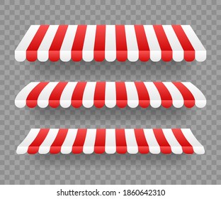 Colored striped awnings set for shop, restaurants and market store on transparent background. Vector stock illustration.