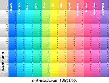 Farbiger gestreifter Kalender für das Jahr 2019. Spektrale Farben. Farbiger Vektorset. Vorlage für Ihr Design