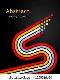 Colored stripes with circles over black background. Retro vector backdrop. Design template. Abstract sinuous lines directed upwards. 