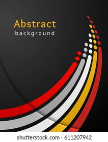 Colored stripes with circles over black background. Retro vector backdrop. Design template. Abstract lines directed upwards. 