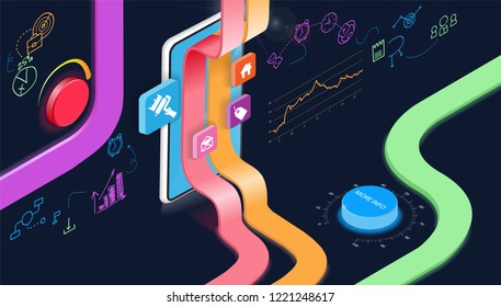 colored stripes on the phone screen in isometric projection black background