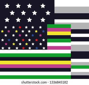 Colored stripes and stars on a black background. Vector striped illustration. Stylization under the flag of the United States