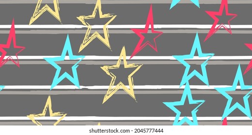 Colored stripes and stars. Simpless. Fashion watercolor striped design. Hand drawn lines in a watercolor style. Fabric, textile design, wrapper, cover.