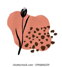 Colored strokes of acrylic paint and black flower. A thick coat of paint with traces of brush bristles.Vector image, design element, template for postcard or poster