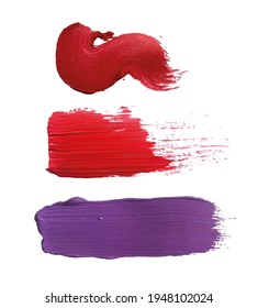 Colored strokes of acrylic paint. A thick coat of paint with traces of brush bristles. A trace of cosmetic lipstick. Vector image, design element, text background.