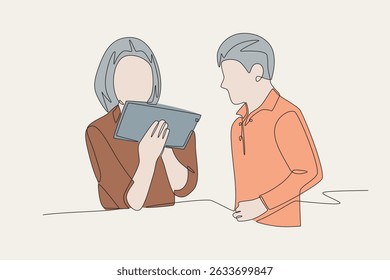 Colored students and teachers using touch pads concept one-line drawing
