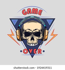 Colored stylish badge for game tournament vector illustration. Colorful label with gamer skull wearing headset. Cybersport and gaming zone concept can be used for retro template